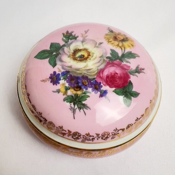 Limoges France Vintage Porcelain Trinket Box Pink Floral Vanity Dish Gold Trim - Picture 1 of 11